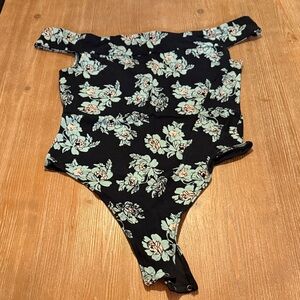 Free People Black and Teal/Cream Floral Bodysuit
